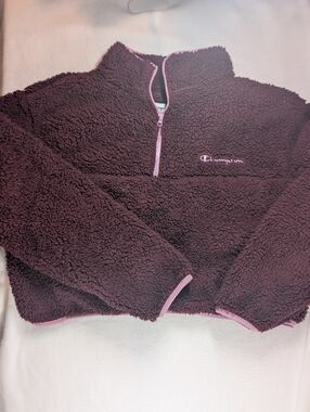 Champion Plum Sherpa Cropped Quarter-Zip Jacket with Pink Trim L